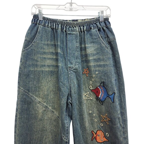 Vintage Denim Embroidered Fish Pattern Elastic Waist Cropped Pants Size S - Picture 3 of 8